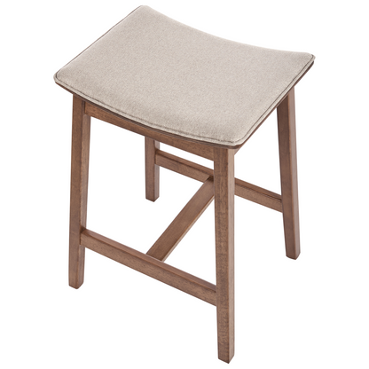 Set Of 2 Bar Chairs Beige Rubberwood With Polyester Upholstered Seats Dark Brown Finish