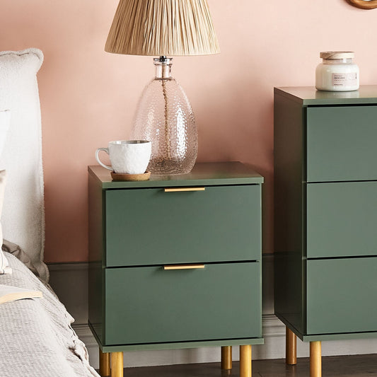 Elements Bedside Table Nightstand Green Gold 2 Drawers Retro Modern