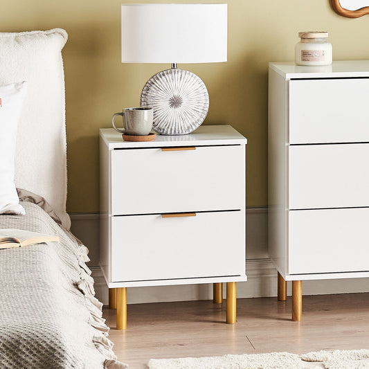 Elements Bedside Table Nightstand White Gold Finish 2 Drawers Retro Modern Bedroom