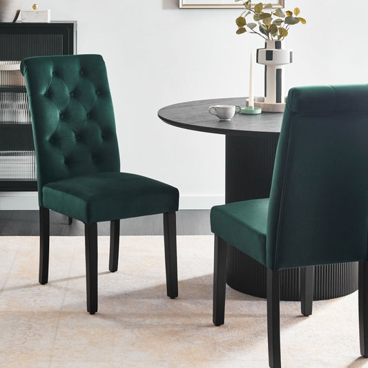 Green Velvet Button Tuft Dining Chairs Rubberwood Legs Duo
