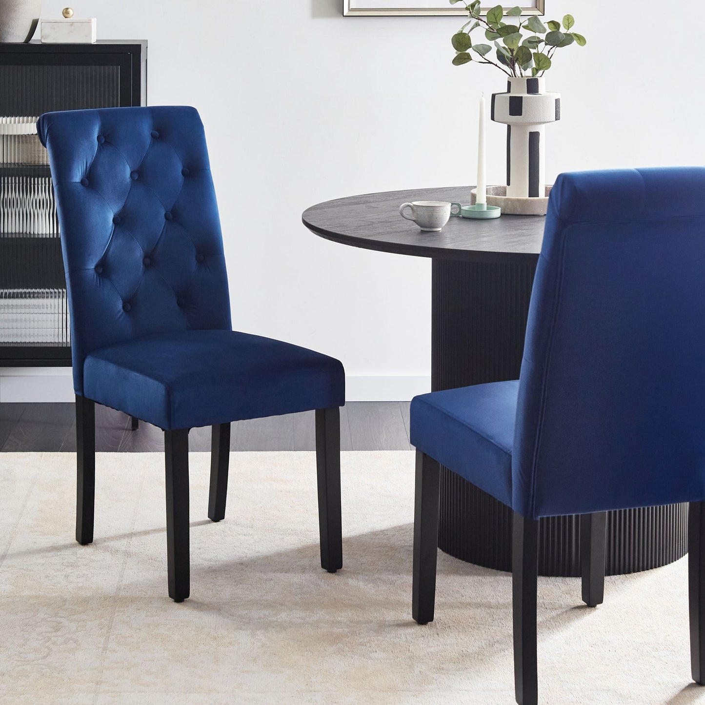 Lux Velvet Blue Velvet Dining Chairs Set Of 2 Black Legs Rubberwood
