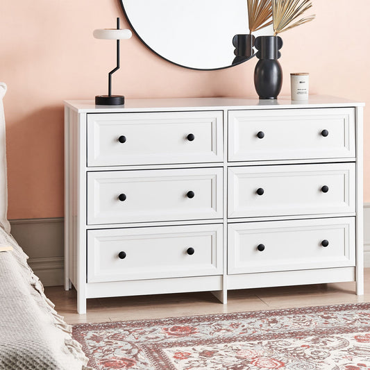 6 Drawer Chest White Black Accents Solid Wood Legs