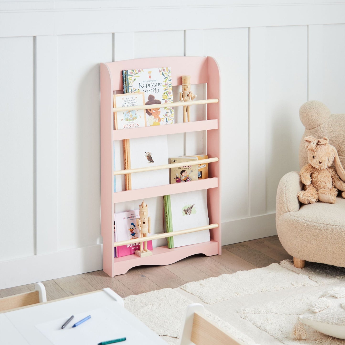 BrandNest Pastel Pink 3 Tier Wall Bookshelf Pine Wood MDF For Kids