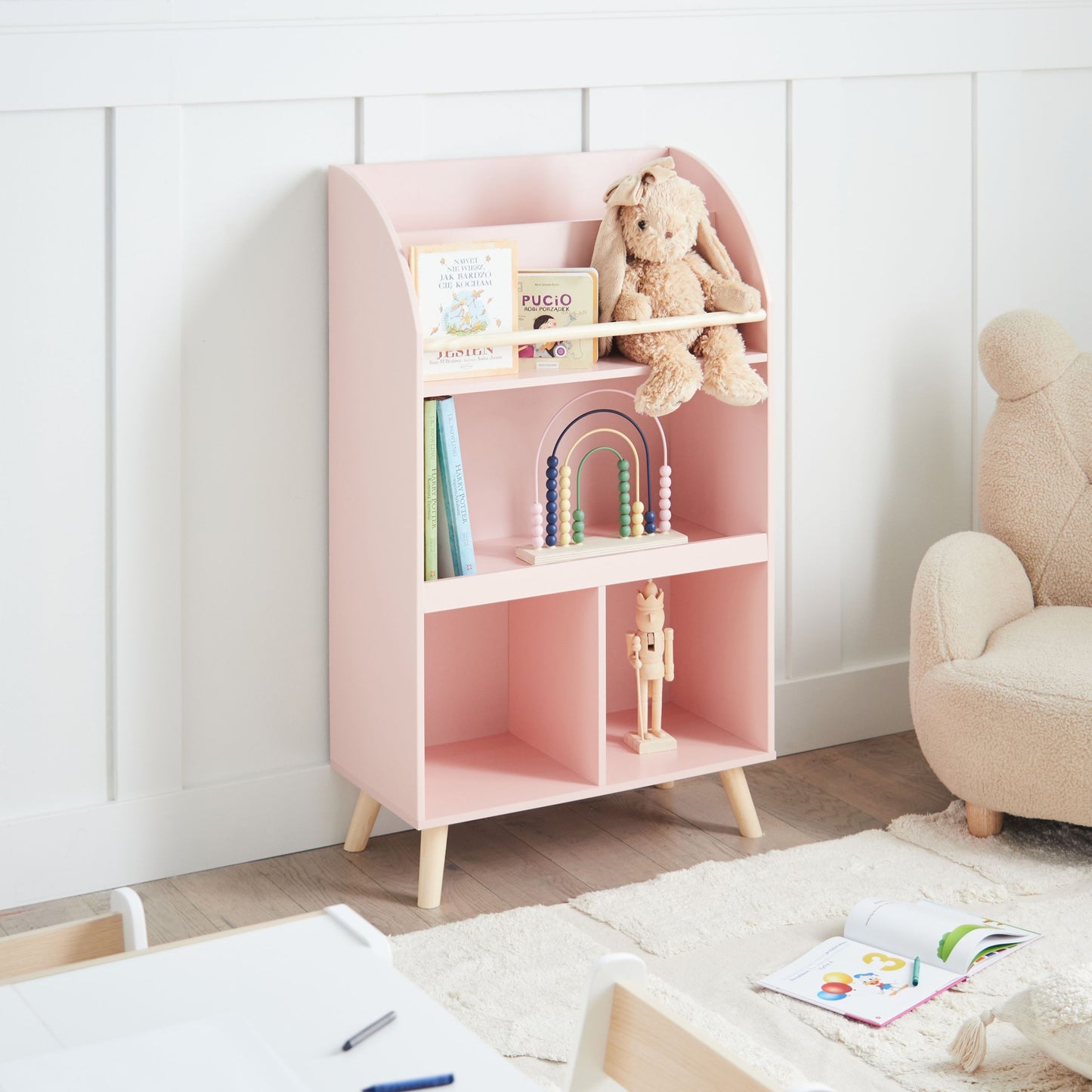LunaNest 3 Tier Bookshelf Pastel Pink Pine Wood MDF Shelves With Sturdy Legs Durable MDF Shelves For Easy Cleaning