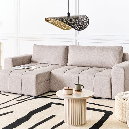 Three Corner Sofa Bed Right Handed Light Brown Fabric With Storage Thickly Padded Cushions Modern Style