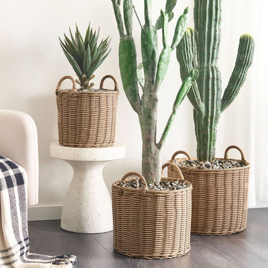 Plant Baskets 3 Pack Natural Brown PE Rattan Round