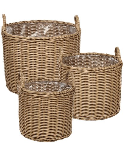 Plant Baskets 3 Pack Natural Brown PE Rattan Round