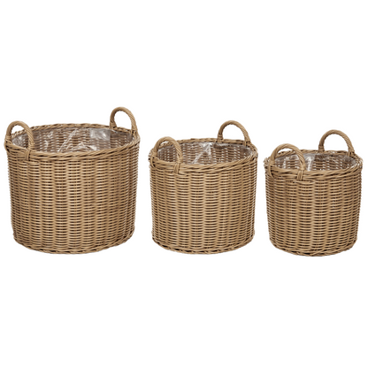 Plant Baskets 3 Pack Natural Brown PE Rattan Round