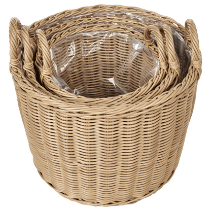 Plant Baskets 3 Pack Natural Brown PE Rattan Round