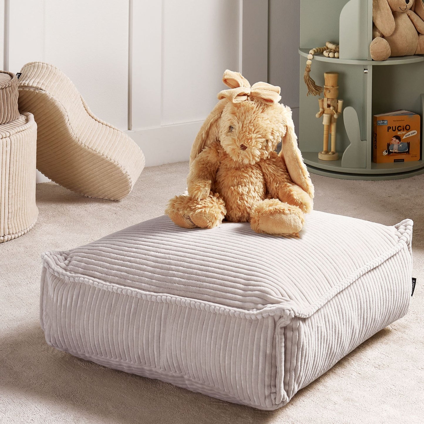 Floor Cushion Light Beige Cotton With Velvet Texture And Ribbed Corduroy Square Pouffe 55 x 55 x 20cm