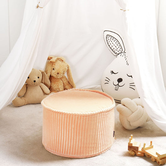 Round Pouffe Peach Pink Cotton Corduroy Ribbed Velvet Structure Removable Cover 40 x 25cm Machine Washable
