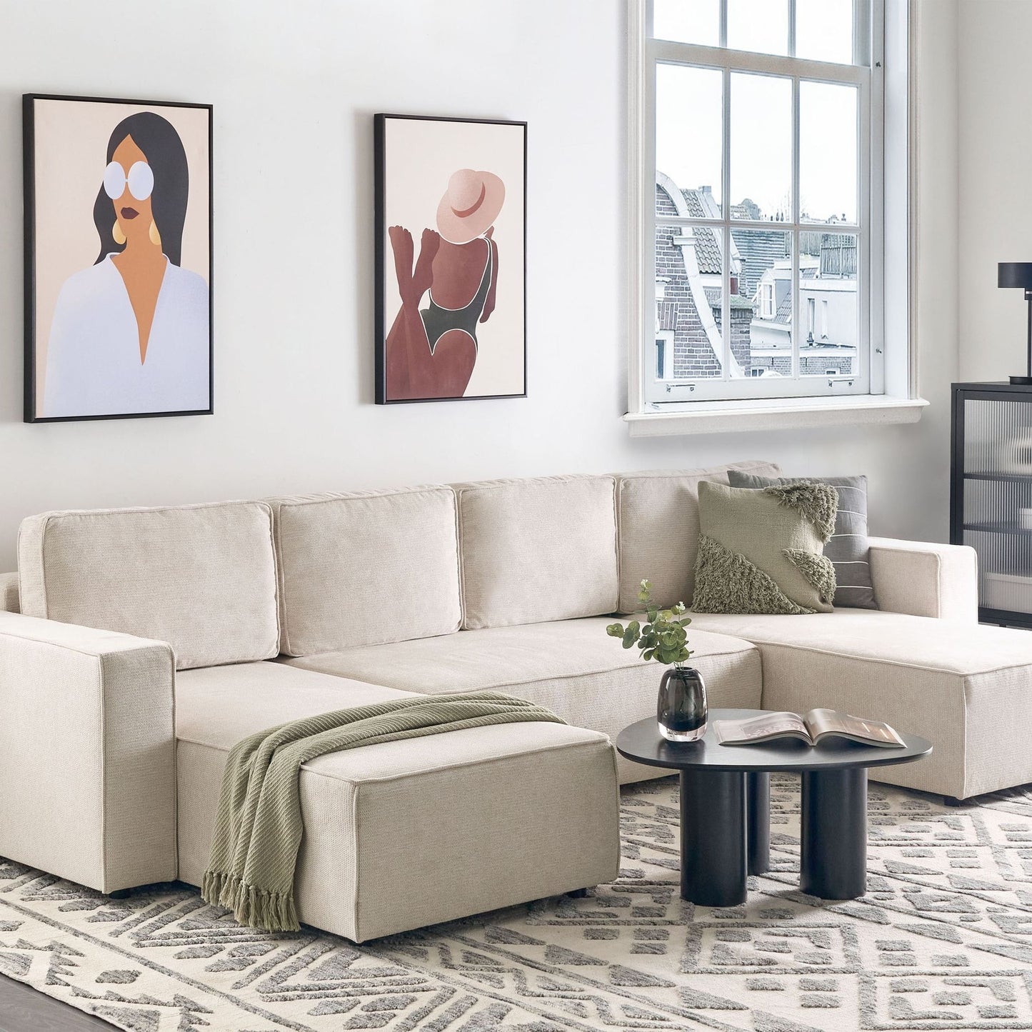 4-Seater U-Shaped Sofa Beige Fabric with Storage Sleeper