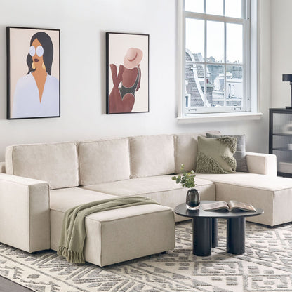 4-Seater U-Shaped Sofa Beige Fabric with Storage Sleeper