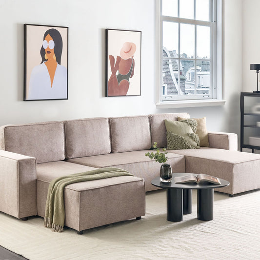 Four Seater U Shaped Sofa Light Brown Polyester With Storage And Sleep Function