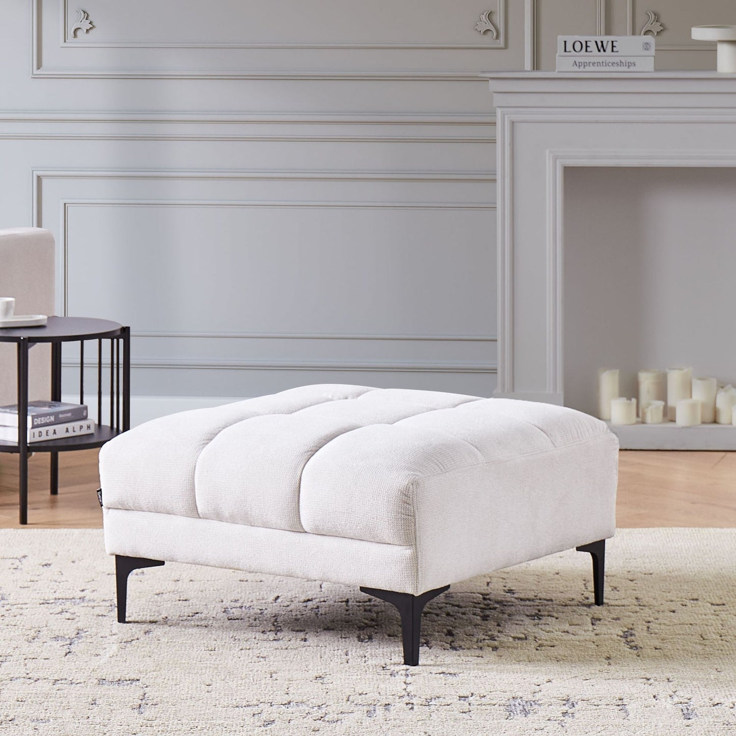 Ottoman Tufted Off-White Fabric Footrest 80 x 88 x 41cm