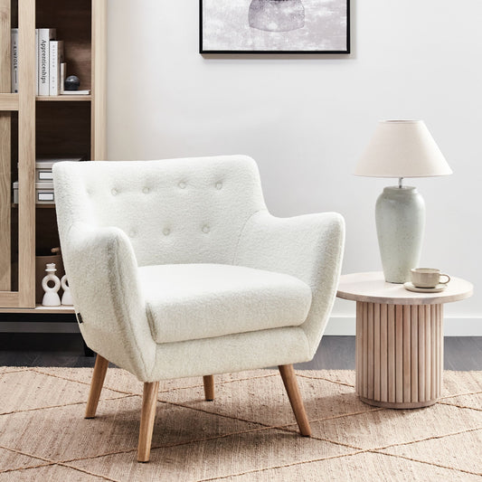 Armchair White Boucle Button Back Rubberwood Legs Modern