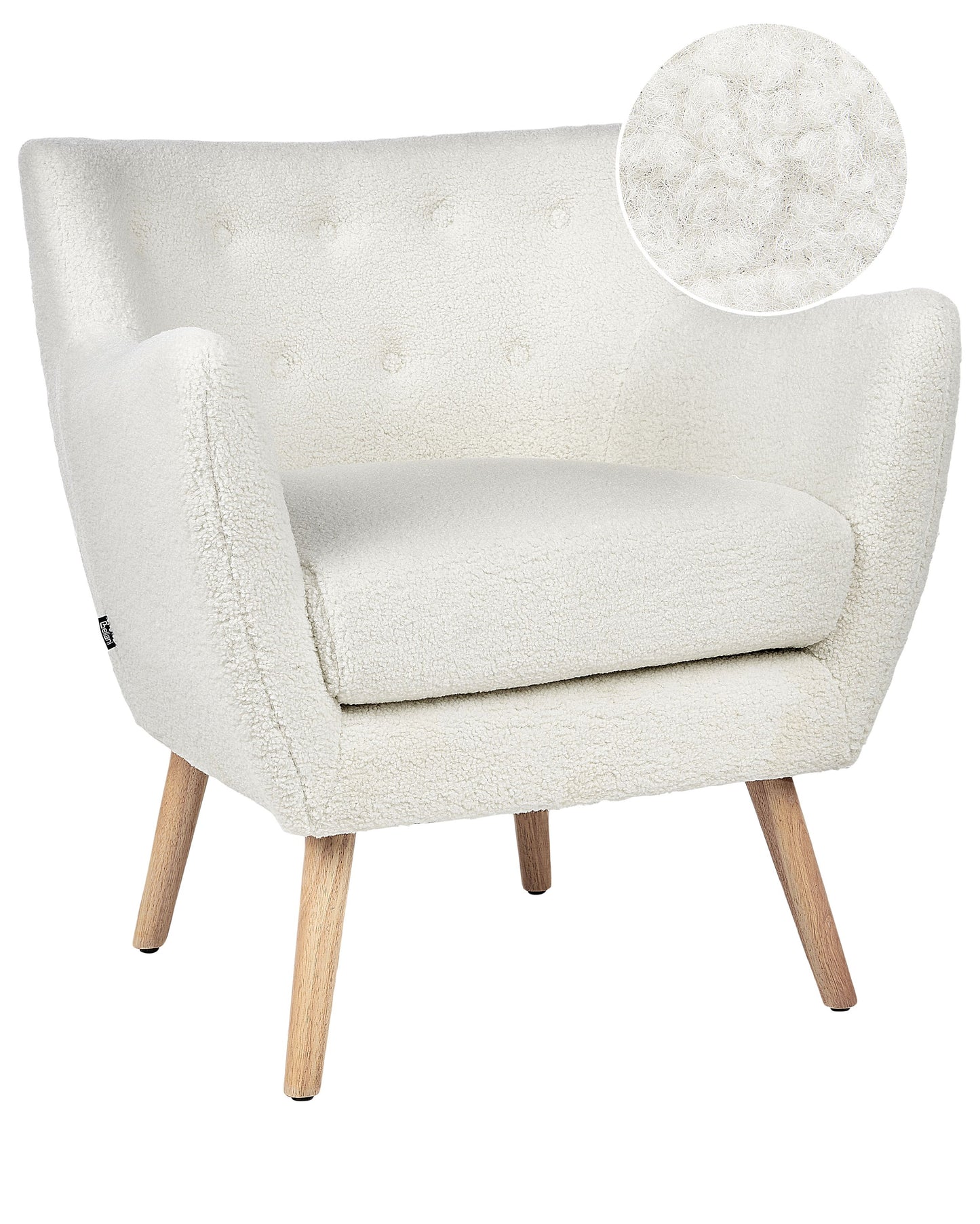 Armchair White Boucle Button Back Rubberwood Legs Modern
