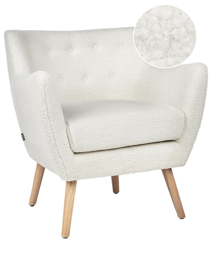 Armchair White Boucle Button Back Rubberwood Legs Modern