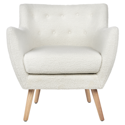 Armchair White Boucle Button Back Rubberwood Legs Modern