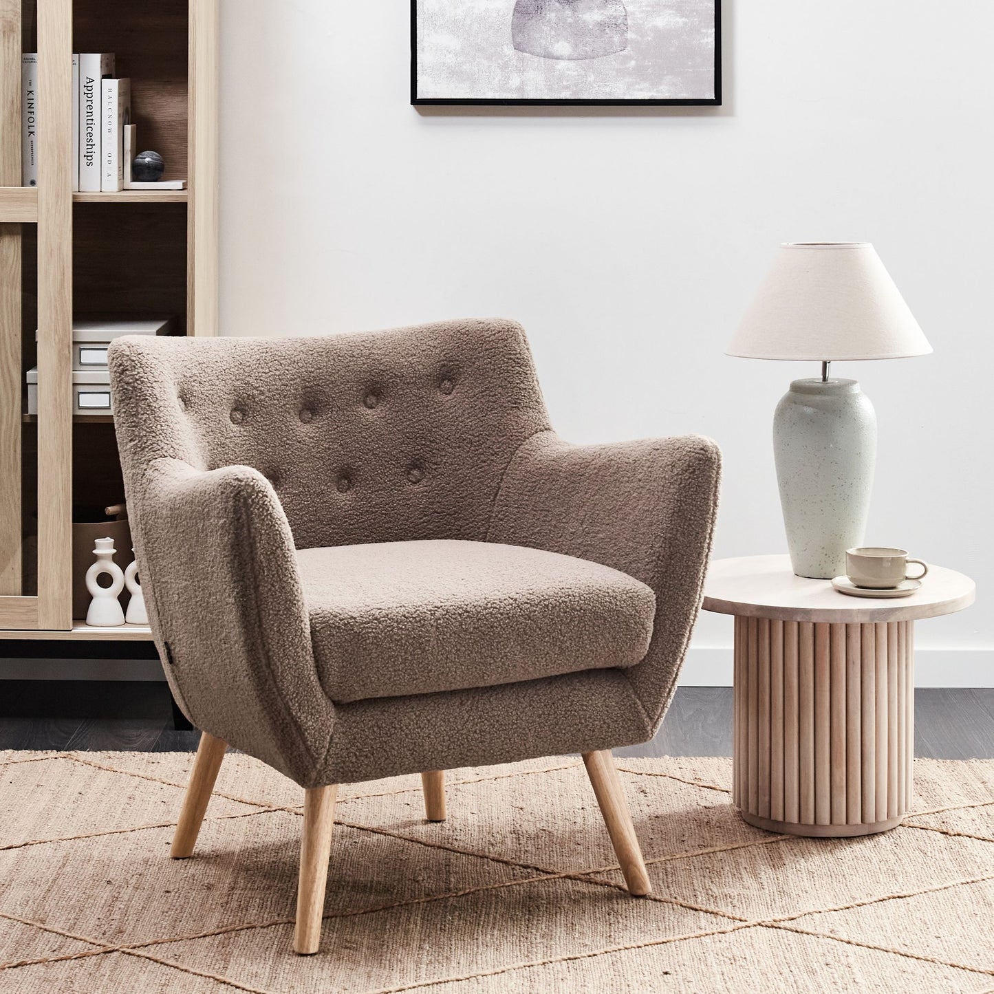 Armchair Brown Boucle Button Back Rubberwood Legs Modern