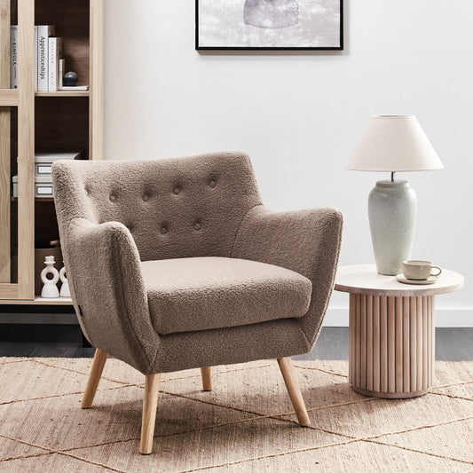 Armchair Brown Boucle Button Back Rubberwood Legs Modern