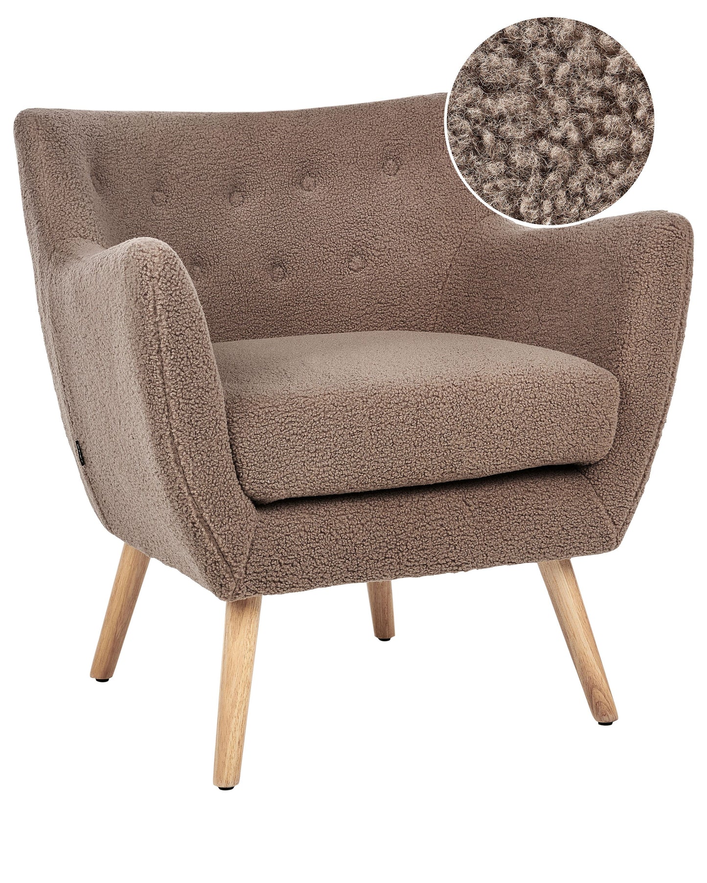 Armchair Brown Boucle Button Back Rubberwood Legs Modern
