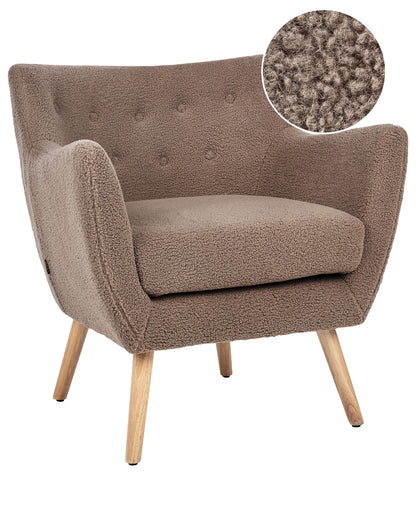 Armchair Brown Boucle Button Back Rubberwood Legs Modern