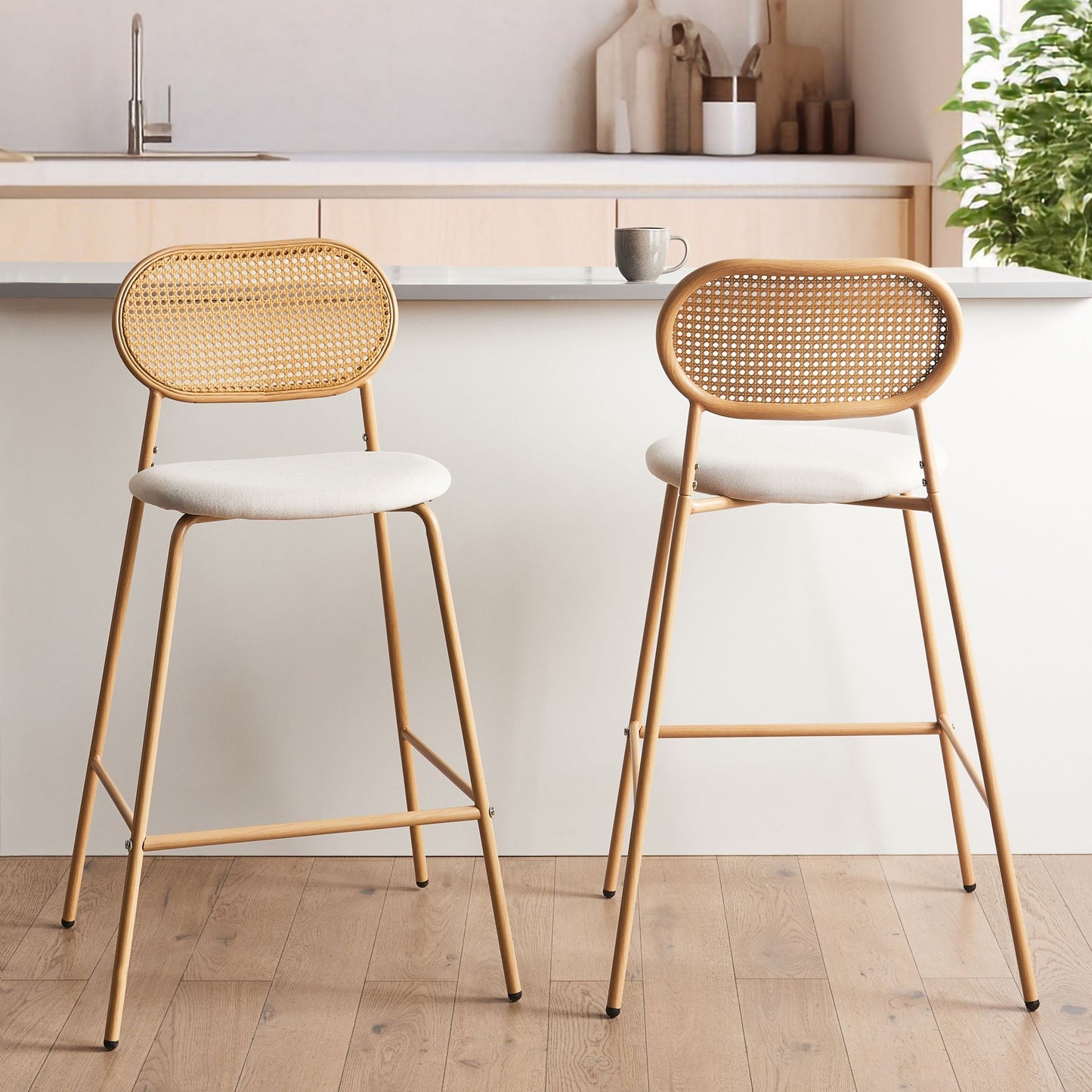 Bar Chairs Set Of 2 Rattan Look Metal Frame Light Brown