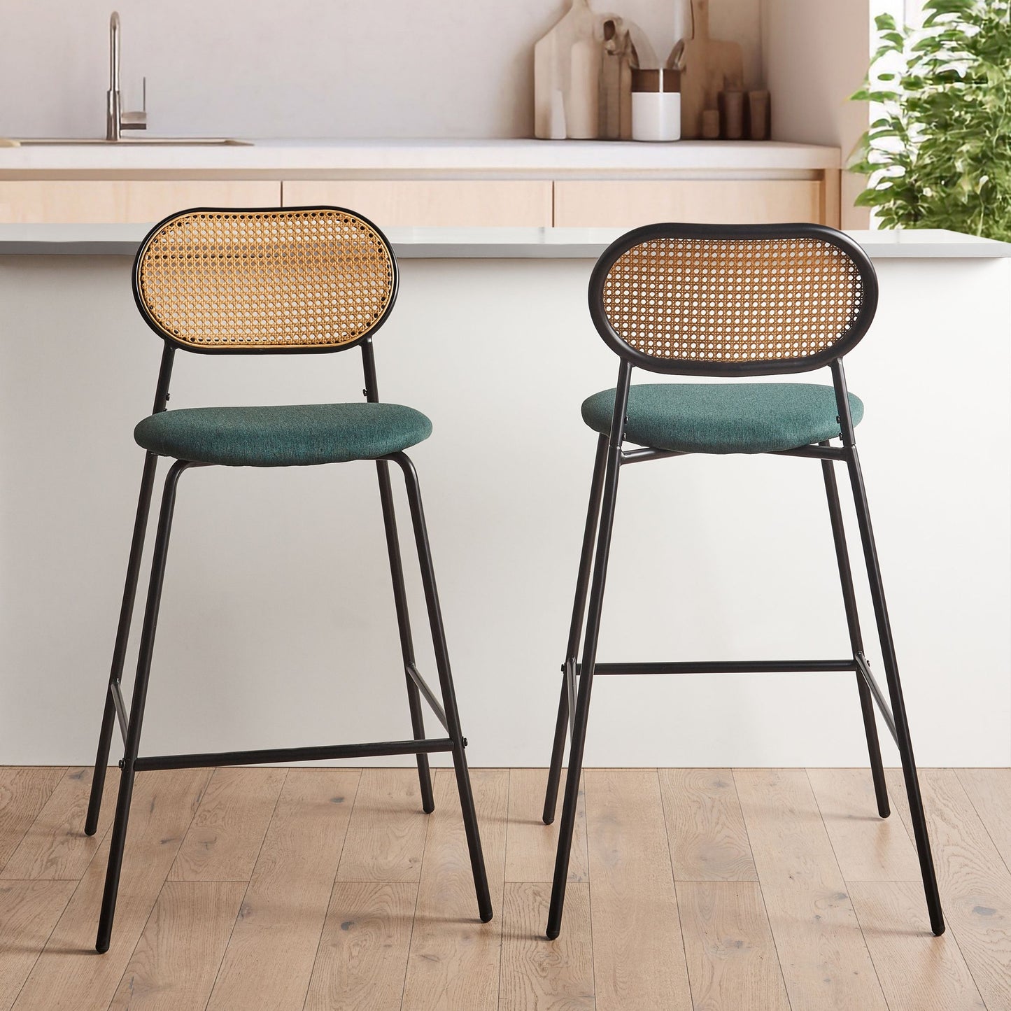 Viennese Bar Chairs Set Of 2 Black Metal Frame Rattan Backrest