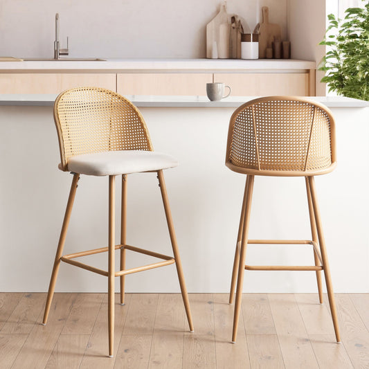 Bar Chairs Set of 2 Beige Fabric Viennese Braid Backrest