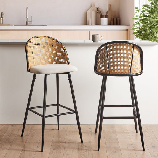 Set Of 2 Bar Chairs With Black Metal Frame And Beige Fabric Seats Viennese Braid Back