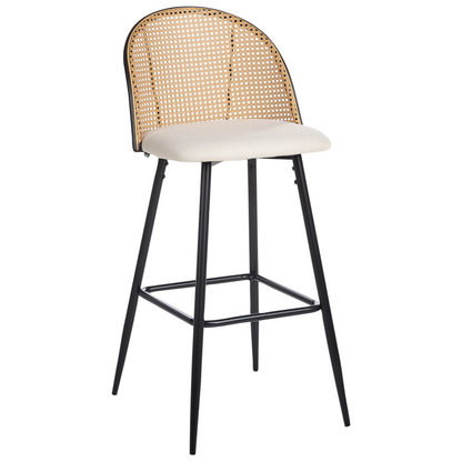 Set Of 2 Bar Chairs With Black Metal Frame And Beige Fabric Seats Viennese Braid Back
