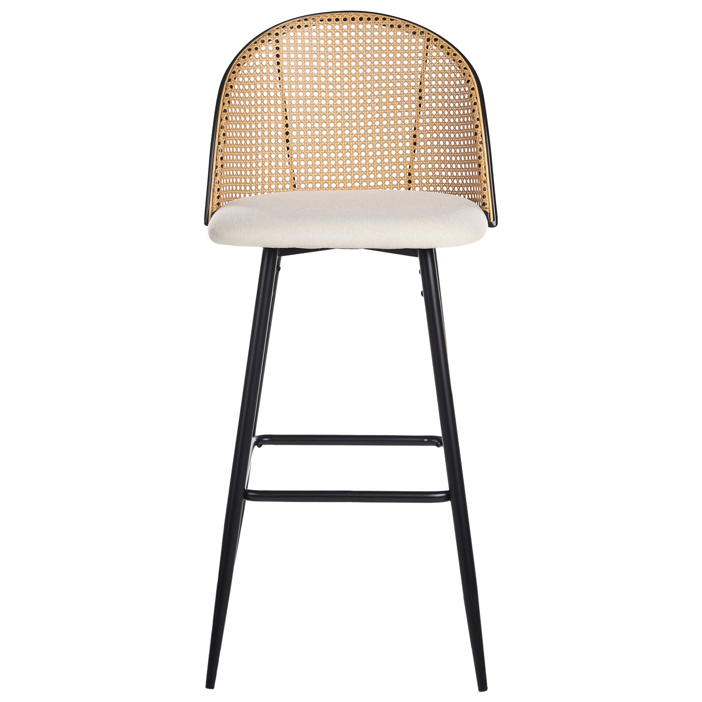 Set Of 2 Bar Chairs With Black Metal Frame And Beige Fabric Seats Viennese Braid Back