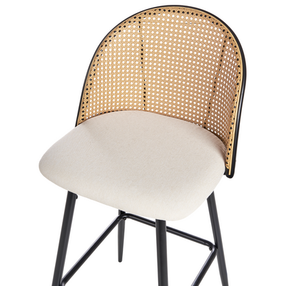 Set Of 2 Bar Chairs With Black Metal Frame And Beige Fabric Seats Viennese Braid Back