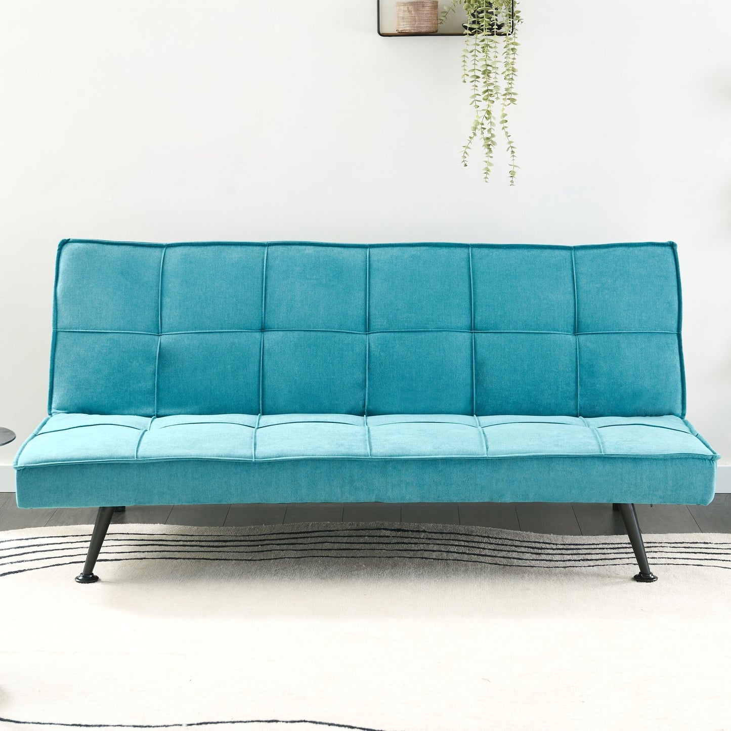 Fabric Sofa Bed 3 Seater Sea Blue Click Clack Quilted Upholstery Armless Guest Bed