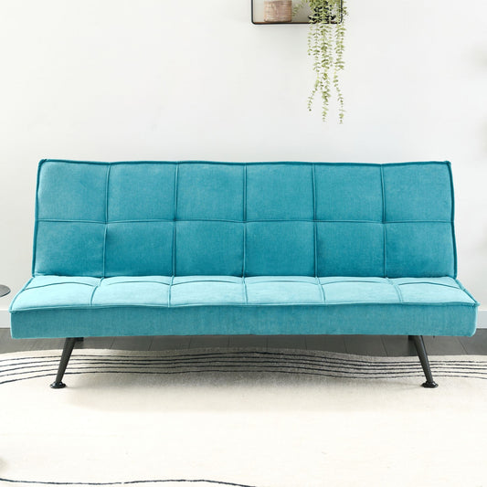 Fabric Sofa Bed 3 Seater Sea Blue Click Clack Quilted Upholstery Armless Guest Bed