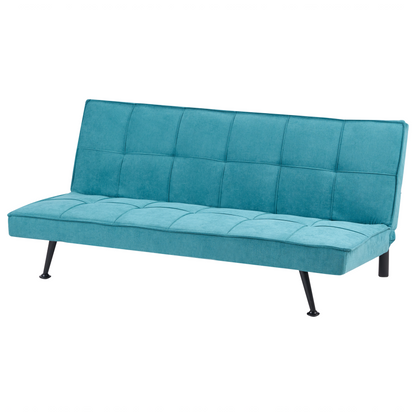 Fabric Sofa Bed 3 Seater Sea Blue Click Clack Quilted Upholstery Armless Guest Bed