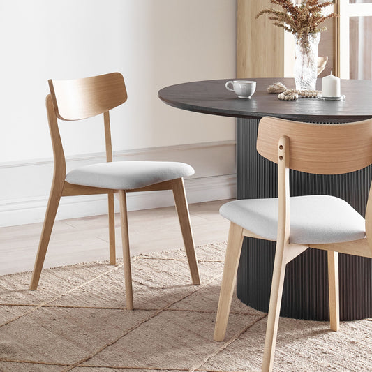 Set Of 2 Dining Chairs Light Brown Rubberwood Frame Grey Fabric Seats Armless Retro Design