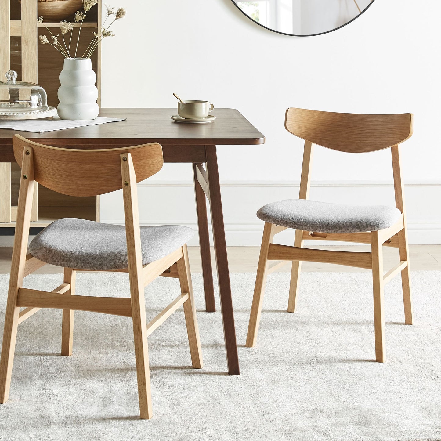 Dining Chairs Set Of 2 Light Rubberwood Frame Grey Fabric