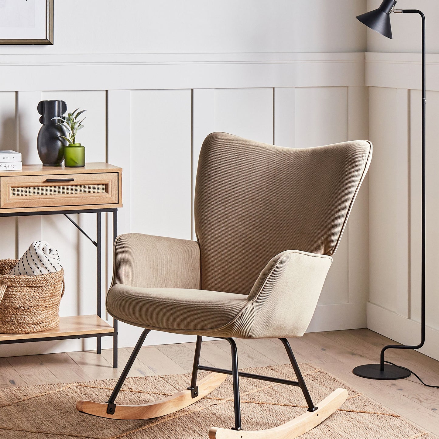 Home Rocking Armchair Taupe Jumbo Cord Upholstery Black Metal Legs Wide Backrest