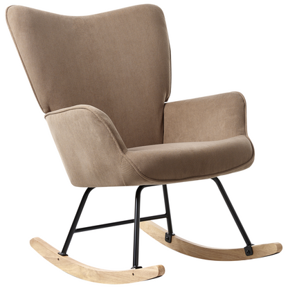 Home Rocking Armchair Taupe Jumbo Cord Upholstery Black Metal Legs Wide Backrest