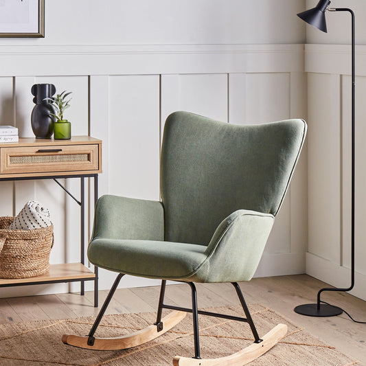 Home Rocking Armchair Green Jumbo Cord Upholstery Black Legs