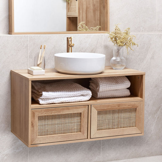 Boho Design Bathroom Cabinet With Braided Rattan Front Light Brown Particle Board Wall Hanging 86 X 45cm