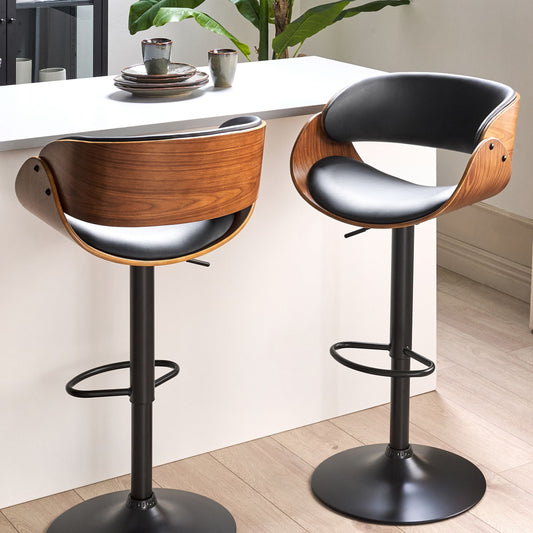 Bar Stools Set of 2 Dark Wood Black Faux Leather Gas Lift
