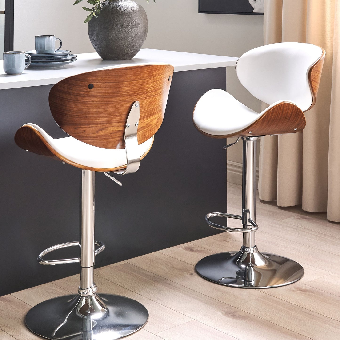Modern Swivel Bar Stools Set Of 2 Dark Wood White Faux Leather