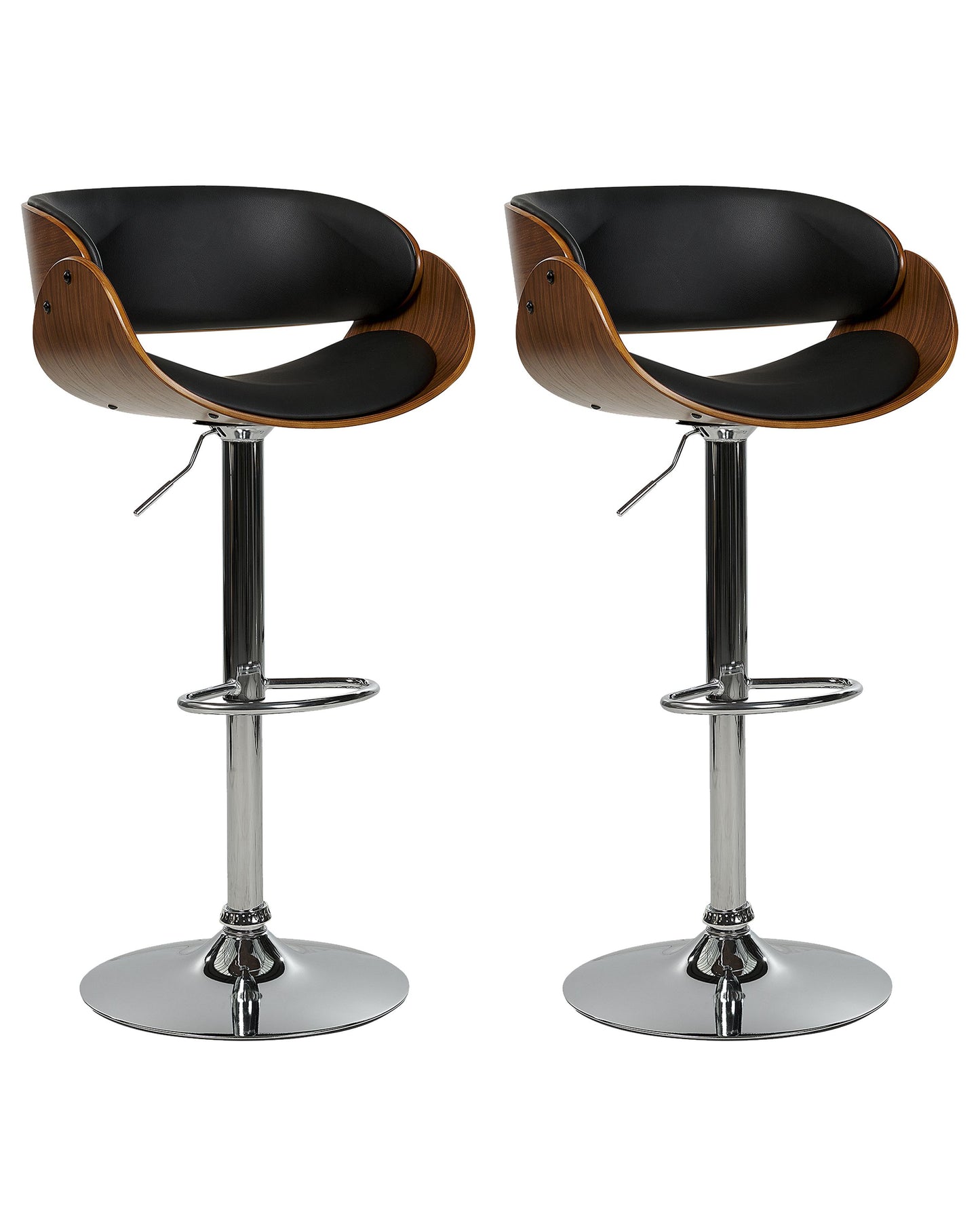 Set of 2 Dark Wood Bar Stools With Black Faux Leather Seats