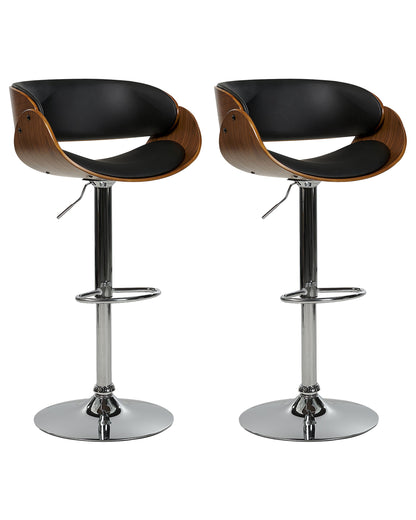 Set of 2 Dark Wood Bar Stools With Black Faux Leather Seats