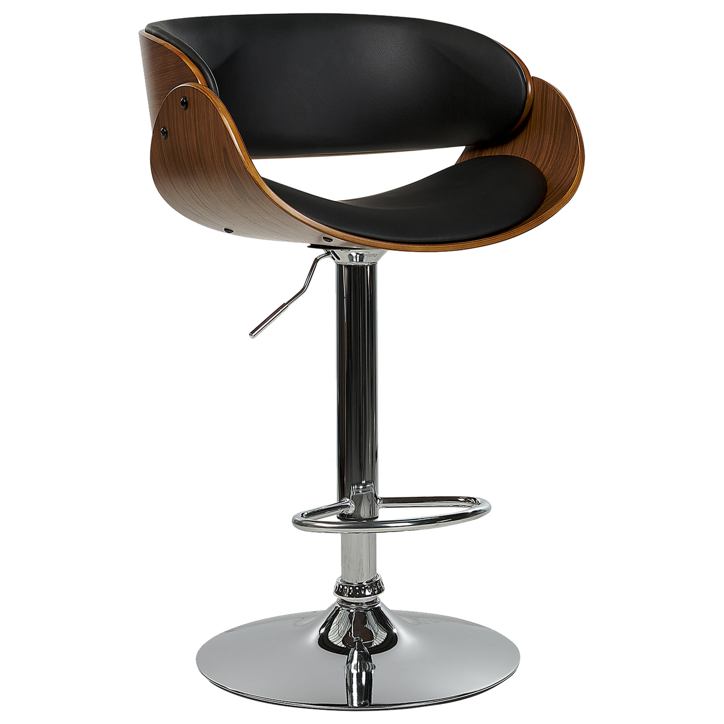 Set of 2 Dark Wood Bar Stools With Black Faux Leather Seats