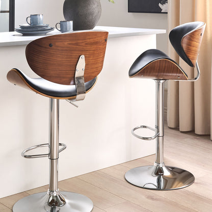 Modern Swivel Bar Stools Set Of 2 Dark Wood Black Faux Leather