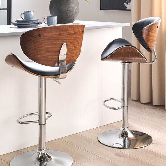 Modern Swivel Bar Stools Set Of 2 Dark Wood Black Faux Leather